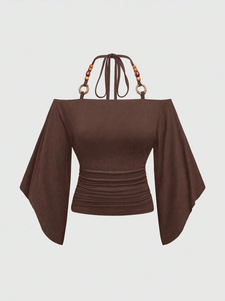 ROMWE Hippie Vintage Loose Off-Shoulder Wooden Bead Decor Bat-Wing Sleeve Women T-Shirt