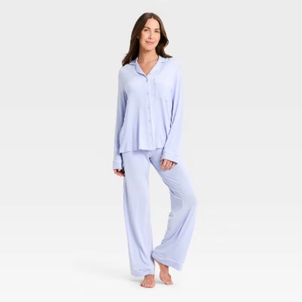 Women's Cloud Knit Long Sleeve Notch Collar Top and Pants Pajama Set - Auden™ Light Blue M