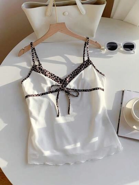 Comfortcana Women Leopard Print Patchwork Front Tie Camisole