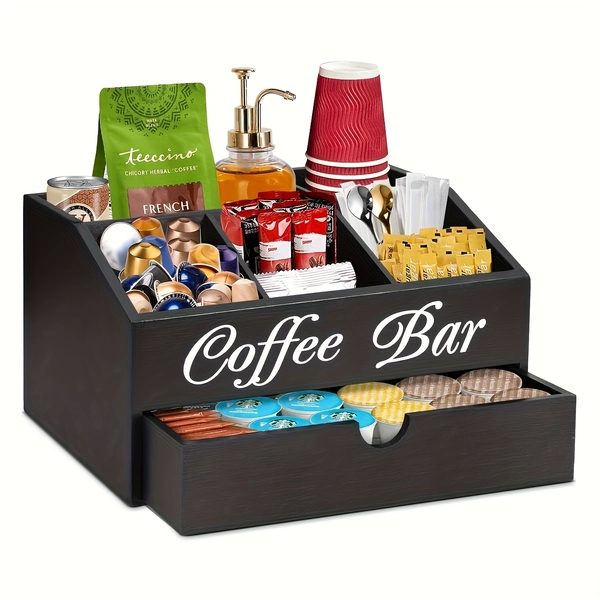 Wood Coffee Bar Organizer - Rustic Farmhouse Countertop Station with Drawer, Coffee Pods Holder & Storage Basket - Wood Grain Coffee Maker Accessory for, Office, or Cafe - Wood Cabinet for small items