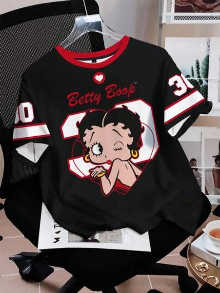 Betty Boop x SHEIN Women's Casual Colorblock Cartoon Pattern Round Neck Short Sleeve T-Shirt, Summer