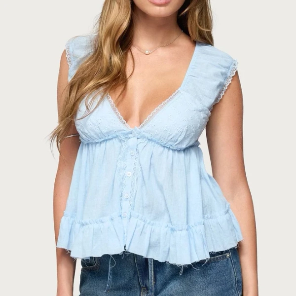Edikted Women's Gizelle Cotton V Neck Babydoll Top