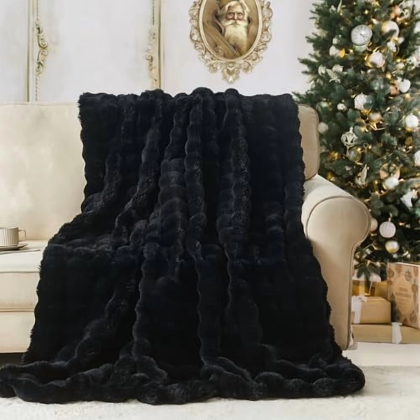 Queen Size Faux Fur Blanket - Big Bubble Rabbit Fluff, 90x90 Inches