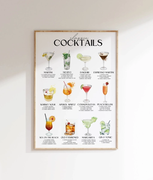 Classic alcohol cocktails recipe print, popular drink bar poster, cocktails guide art, kitchen digital download, printable wall art