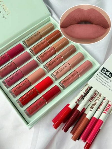12 Pieces Of Liquid Lipstick Set And 12/24 Pieces Of Professional Lip Liner, Matte Silky Lip Makeup Set, Used To Create Contour Lips, Long-Lasting Waterproof, Non-Stick Cup Lip Color, Women's Gift Set, Butterfly Shiny Shell, Is The Perfect Gift For Christmas.
