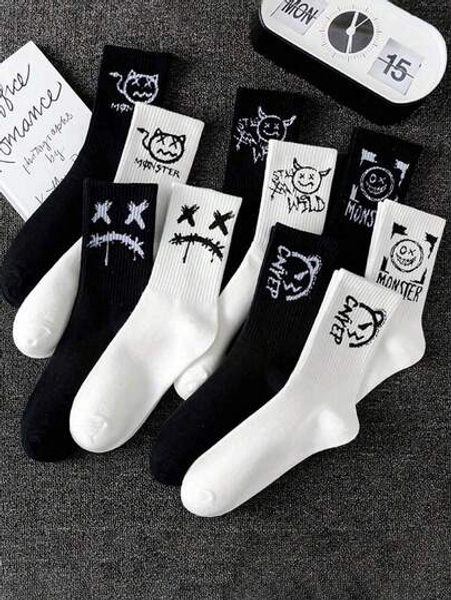 10-Pack Black & White Graffiti Crew Socks For Kids | Urban Street Style, Unisex & Breathable | Assorted Designs For Sports & Everyday Wear Teenagers Socks Random Styles