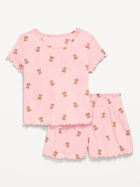 Ribbed Lettuce-Edge Pajama Top and Shorts Set for Girls