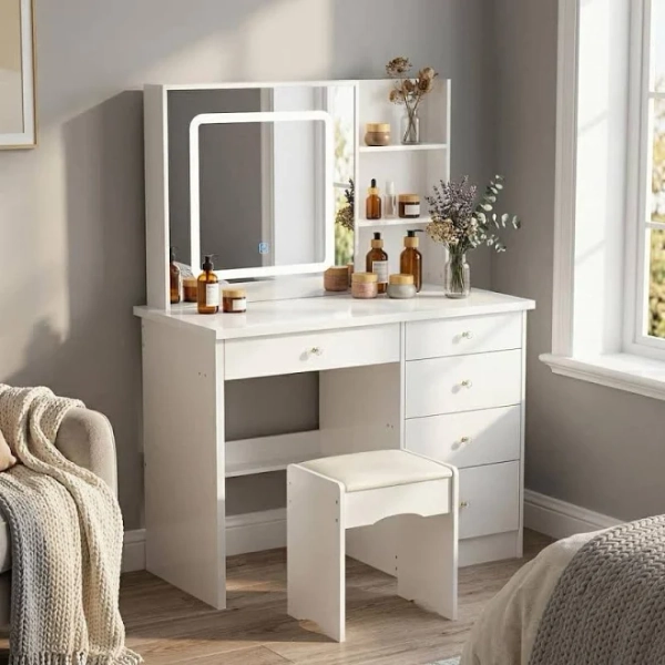 FUFU&GAGA 5-Drawers Makeup Vanity Sets Dressing Table Sets with LED Mirror, Stool and 3-Tier Storage Shelves