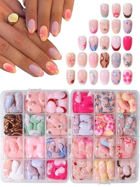 576pcs/Box (24mixed ) Short Oval Flower French Tip Press On Nails Short Acrylic Nail Tips Full Cover False Nail ,With Storage Box As For Suitable For Women And Girls Daily Life And Party Use