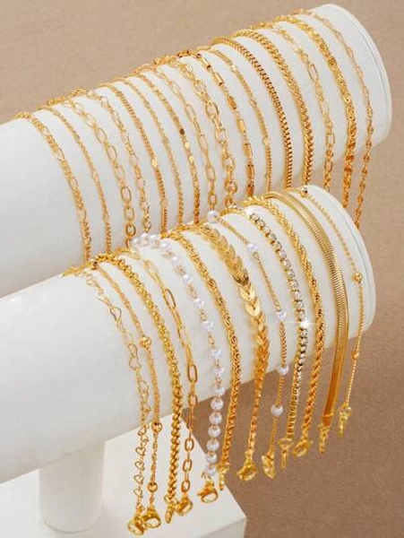 28pcs/16pcs/12pcs Fashion Minimalist Classic Copper Braided & Snake Chain Heart Layered Bracelet Set, Gift For Women Birthday, Vacation, Party, Daily Matching