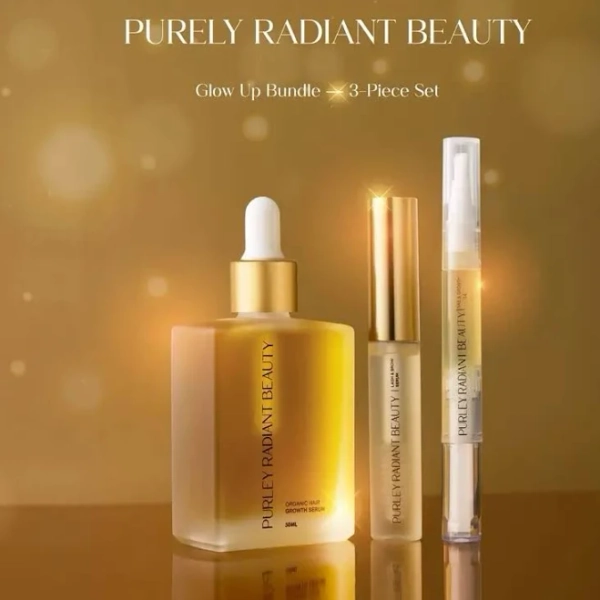Purely Radiant Beauty Self-Care Glow-Up Bundle – Viral Lash & Brow Serum, Hair Growth Oil, Nail Strengthening Oil – Natural Growth with Castor,