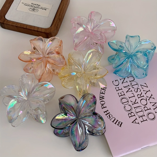 Set of 6 Transparent Colorful Floral Hair Clips, AB Color, Vibrant Gradient Hair Additions for Women, Suitable for Updos, Made of Resin, Mixed Colors, Strong Grip, Ideal for All Hair Types, Braiding Clips, Elegant And Easy, Hawaiian Hair Ornaments