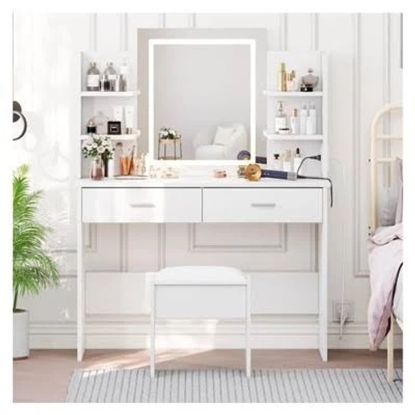 Modern Tri-Color LED Makeup Vanity Desk with Mirror, Lights, Power Outlet, 2 Drawers, 6