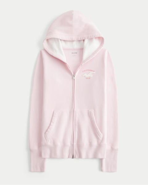Hollister Feel Good Waffle Lined Hood Zip-Up Logo Graphic Hoodie
