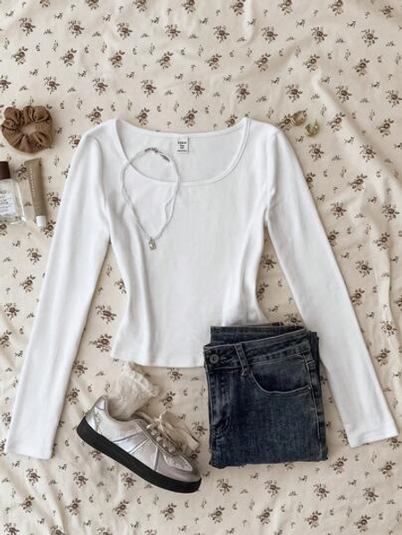 Teen Girls' Solid Color Crew Neck Fitted Casual Cropped Long Sleeve T-Shirt