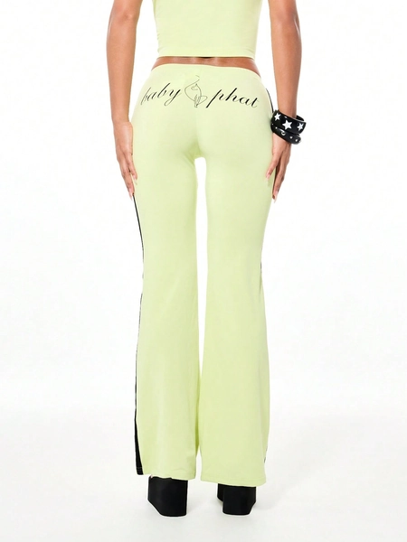 BABYPHAT Lime Green Jersey Flare Leggings With Black Side Tape Contrast Stripe Wide Leg Spring Summer Casual Fashion Statement Bottoms