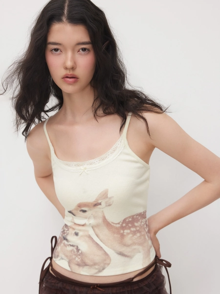 Deer Graphic Bowknot Lace Trim Cami Top