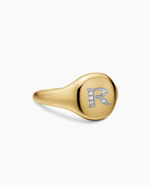 DY Initial Pinky Ring in 18K Yellow Gold with Diamond R, 9.8mm