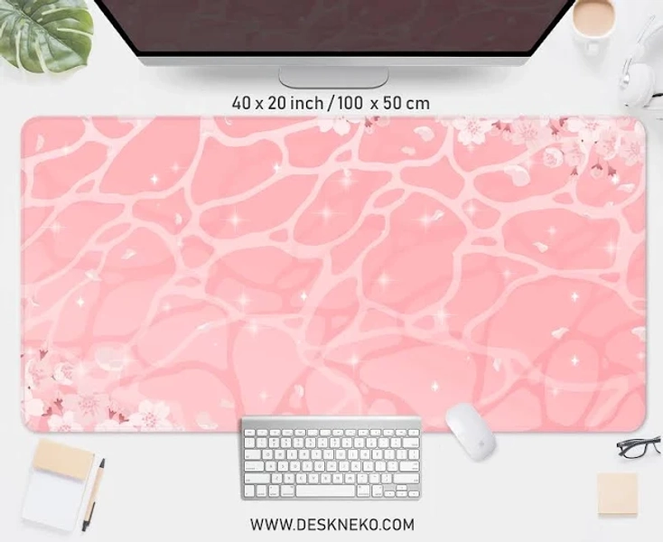 Cute desk mat pink, mousepad aesthetic, XXL gaming deskmat rgb led, Kawaii anime waves mouse pad with wrist rest, Sakura blossom mousemat xl