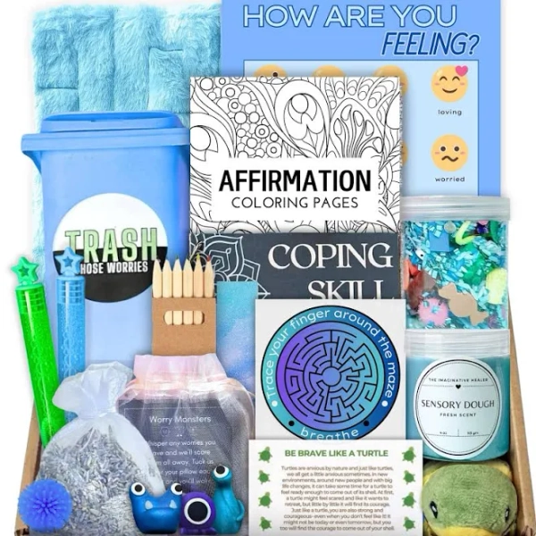 Anxiety Relief Kids 6-12 years old Coping Skills Box Mental Health Kit Sensory Tools Kids Grief and Loss Activity Set Calm Down Corner Kit