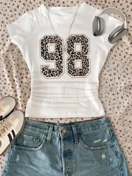 SHEIN Vintage Streetwear Leopard Print Number 98 Graphic Tween Girls Fitted Casual Round Neck Ruched Waist Short Sleeve T-Shirt
