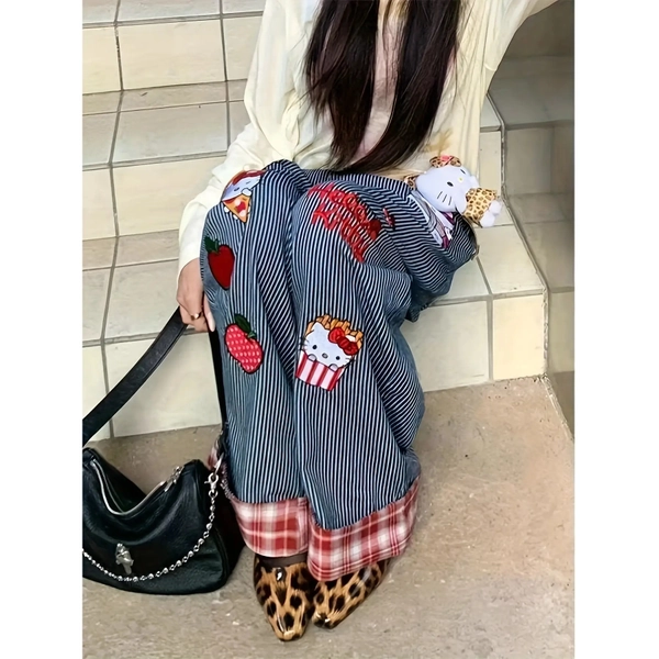 1 Pair SANRIO Women's Light Blue Denim Pants with Red Checkered & Black Striped Patchwork, Wide-Leg Casual Trousers - Cute Anime Character Design, Cinnamoroll & Little Twin Stars Patterns, Machine Washable Spring Summer Fall Outfits, Dopamine Wear Trendy Everyday Pants with Playful SANRIO Characters, Comfortable Wide-Leg Style for Versatile Wear