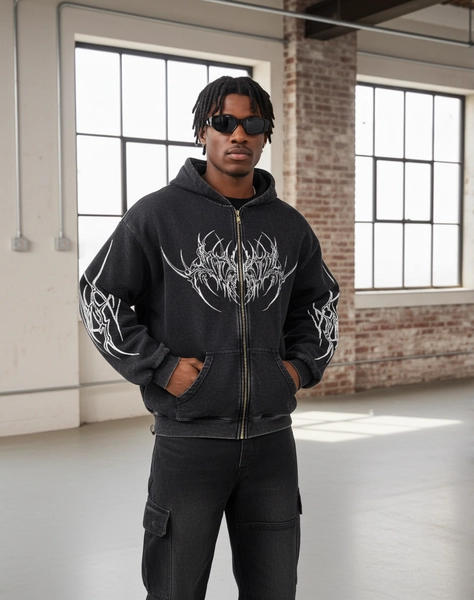 Vintage Dark Thorn Spider Graphic Acid Washed Oversized Zip-up Hoodie