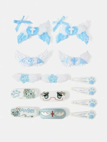 ROMWE Kawaii 14 Random Cute Style Handmade Wing Hairpins, Y2K Blue And White Star Bow Cat Claw Love Element Hairpins, Cartoon Duck Bill Clip BB Clip Hair Accessories Combination. - Size one-size