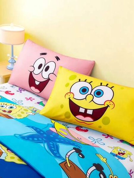 SpongeBob SquarePants | SHEIN 2-Pack Cartoon Pattern Pillowcase Set, Yellow/Pink Pillowcase, Breathable Sanded Material, Comfortable And Warm, Machine Washable, Various Sizes, Suitable For Different Pillows,Gift Ideas