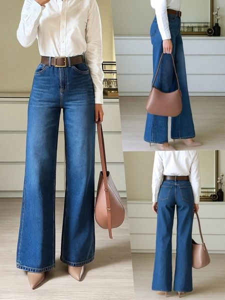 9650# Stretchy Denim Pants, Straight Leg, Elegant & Fashionable, Casual & Versatile, Wide Leg Flare Women Denim Trousers