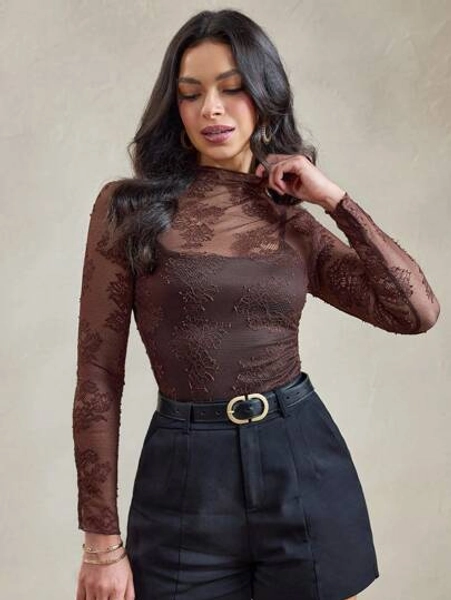 Wildy Old Money Teacher Modest Coffee Brown Lace Top Going Out Tops Women Women's Brown Mesh Lace Sheer Country Music Festival Crop Top, Summer Women Western Wear Business Casual Woman Lace Top Chocolate Brown Lace Top Brown Lace Long Sleeve Top Burgundy Top