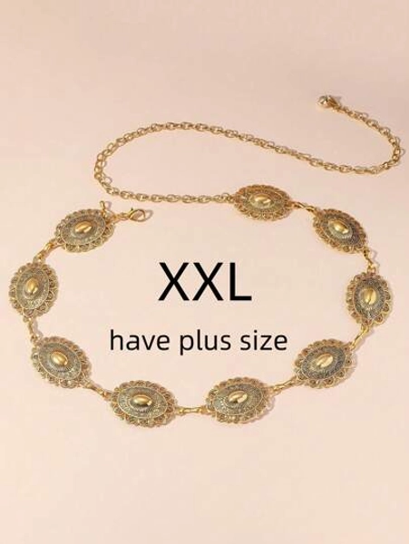 1pc Oversize/Plus Size Western Style Belt, Material Women's Waist Belt/Chain, Bohemian Vintage Floral Engraved Matte Black Textured Metal Waist Chain, Suitable For Pairing With Western S, Beach, Vacation, Party, Christmas, New Year, XXL