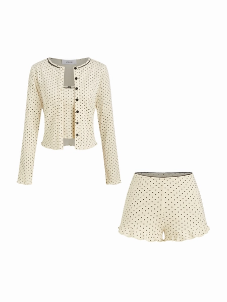 Knit Fabric 3 Pieces Cotton-blend Polka Dot Long Sleeve Top With Cami Top & Low Rise Lettuce Trim Shorts Loungewear Set For Bedroom