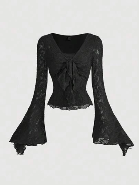 SHEIN MOD Black Romantic And Elegant Front Tie Shirt, Lovely Women's T-Shirt, Autumn And Winter Hollow Out Clothing Women's Clothing Pirate Top Princess Women's Clothing Out Top