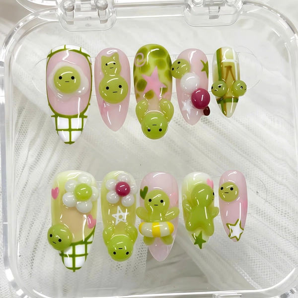 Kawaii Smiski Press on Nails | Cute Cartoon 3D Fake Nails With Green Pink Pastel Flower Star Design | Handmade Kawaii Nail Art Set - Etsy Australia