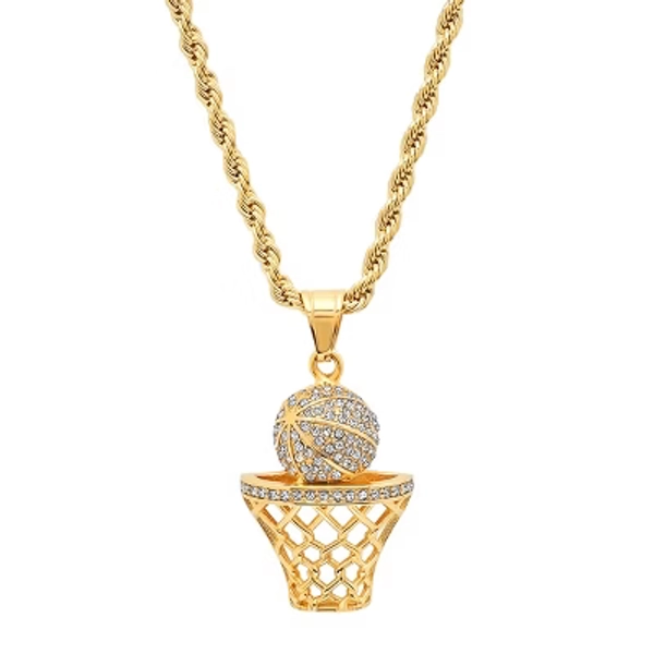 Steeltime 24" 18k gold plated stainless steel simulated diamond basketball and hoop pendant. Color Options: Silver, Gold, Black