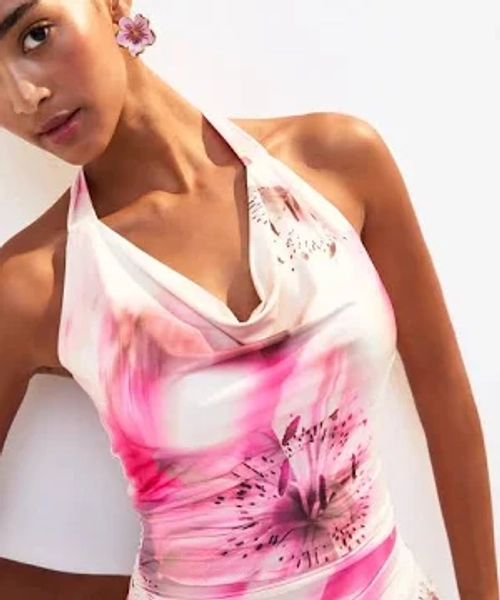 New Look Women's Pink Lily Print Halterneck Maxi Dress