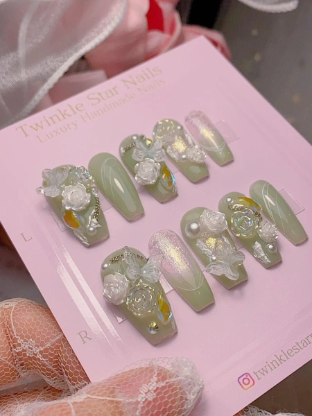 Beautiful Jadeite Jade Inpired Press On Nails | Icy Green Nails | Nature Green Nails | Faux Nails | lmz1502