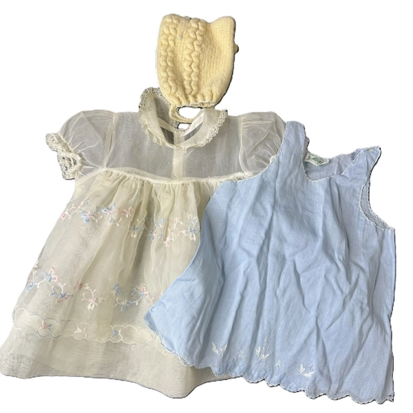 Vintage 80s Baby Girl 3-Piece Outfit, Sheer Dress, Blue Slip, Wool Bonnet