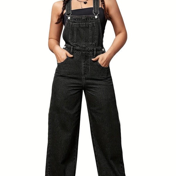 [Vintage Denim Overalls] Black Denim Overalls for Women, Vintage Wide Leg Baggy Cargo Jumpsuit with Utility Pockets, Casual Streetwear Loose Fit