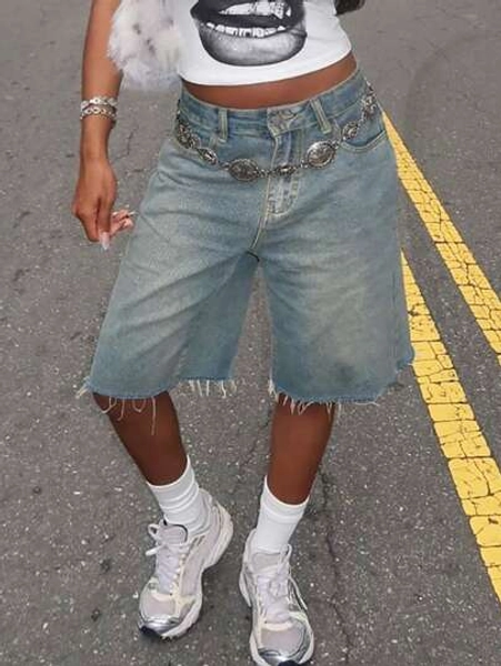 Y2K Street Vintage Slant Pocket Distressed Ripped Raw Hem Wide Leg Bermuda Denim Shorts Knee Length Jeans Comfy Jorts Cropped Pants For Music Festival
