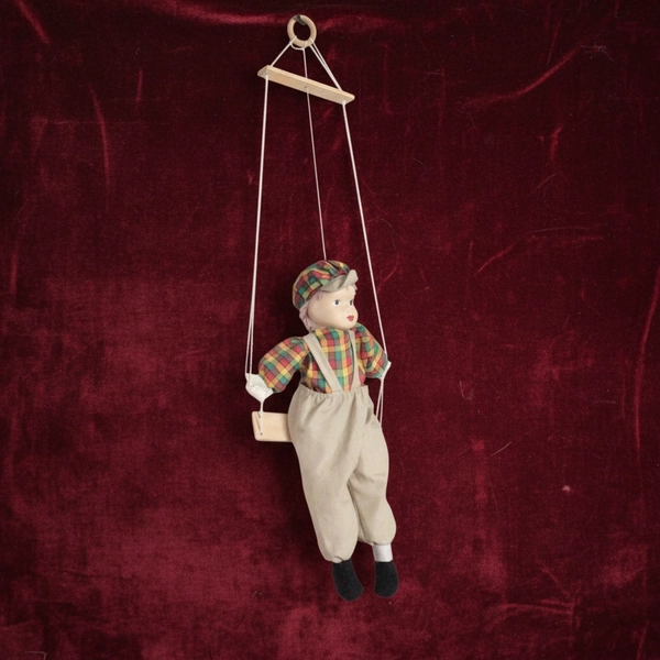 Vintage Marionette Folk Doll on Swing, Hanging Decoration, Creepy Cute