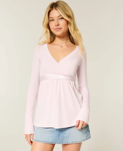 Hollister Women's Easy Long-Sleeve Wrap-Front Babydoll Top