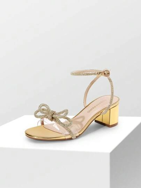 Women Double Bowknots Crystal Heeled Sandals Comfortable Chunky Low Heels Clear Slingback Summer Sandals For Wedding Bridal Party
