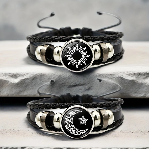 [Couple Wristbands Set] 2pcs Set of Luminous And Sun Lovers Couple S, Unisex Retro Multi-Layer Woven Faux Leather Wristbands