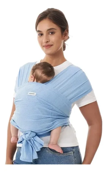 Momcozy Fular para Cargar Bebé Refrescante, Transpirable y Ligero Canguro Portabebés, para Bebé hasta 35 lbs (8-35 lbs), Tela tipo malla aerotranspirable, Color Azul Claro