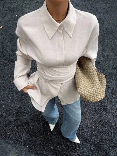 Siren Gaze Fashionable & Elegant Waist Cinched Long Sleeve Shirt For Women, Autumn Oversized Blouse Long Sleeve Blouse,Fall Tops,Elegant Women's Blouses Winter Casual