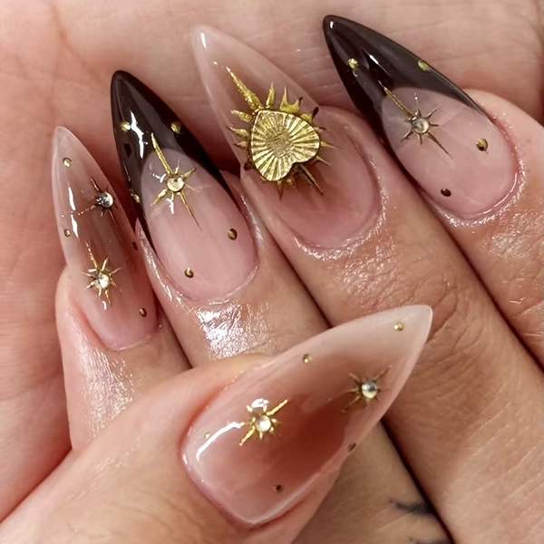 24Pcs Mid-length Almond Fake Nails Black French Rhinestone Press on False Nails Golden Heart Star Wearable Full Cover Nails Tips