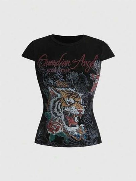 ROMWE Grunge Punk Y2K Retro Baddie Tiger Vine Faux Tattoo Print T-Shirt - Size S