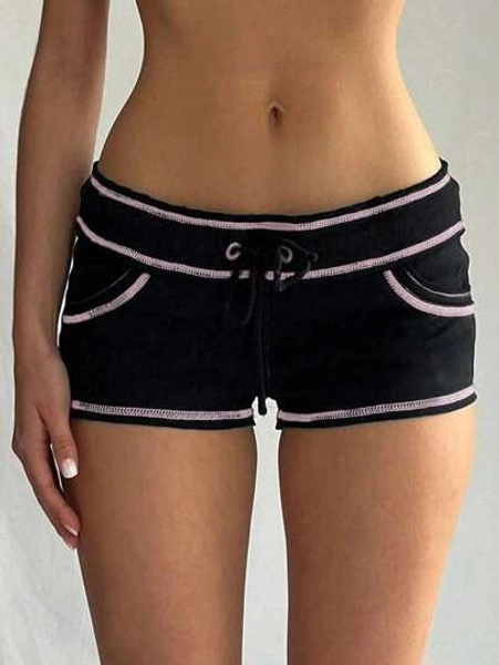 SHEIN EZwear Ladies' Colorblock Drawstring Shorts With Outer Seam Detail For Daily Wear - Size L